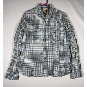 Relwen Plaid Button Down Shirt Mens Large Linen Cotton Blend Blue/White Mountain